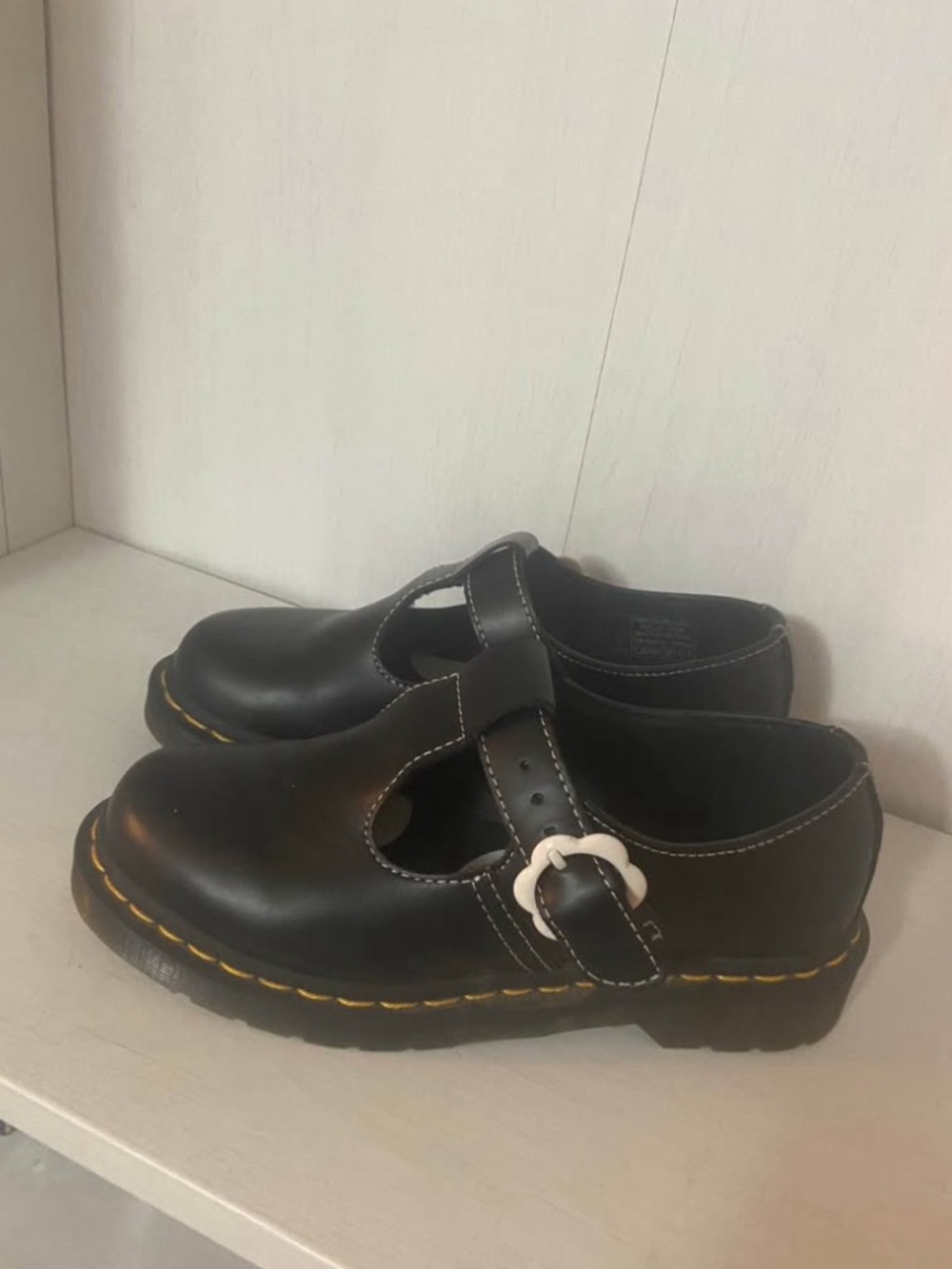 Dr. Martens Black Leather Mary Jane Shoes with White Buckle